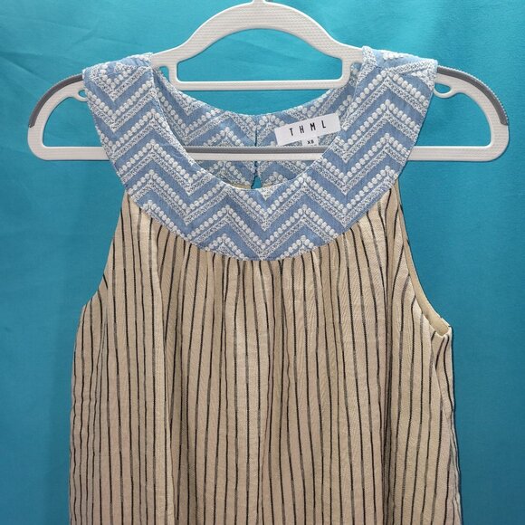 THML Womens XS Sleeveless Striped Dress With Embroidered Blue Chevron Neckline - Picture 2 of 10